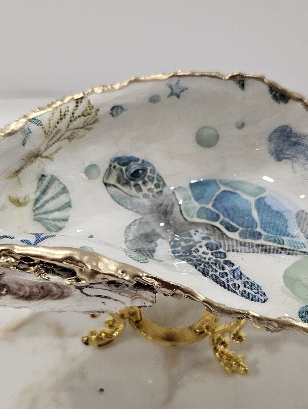 Decoupaged Handmade Oyster Shell Sea Print Ring Dish Or Trinket Jewelry Holder